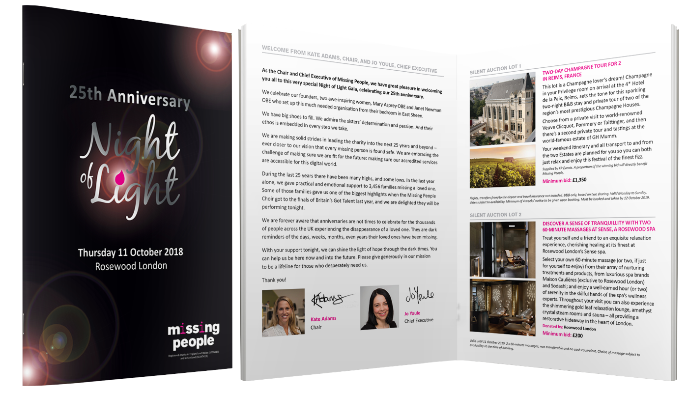 Missing People charity auction brochure design